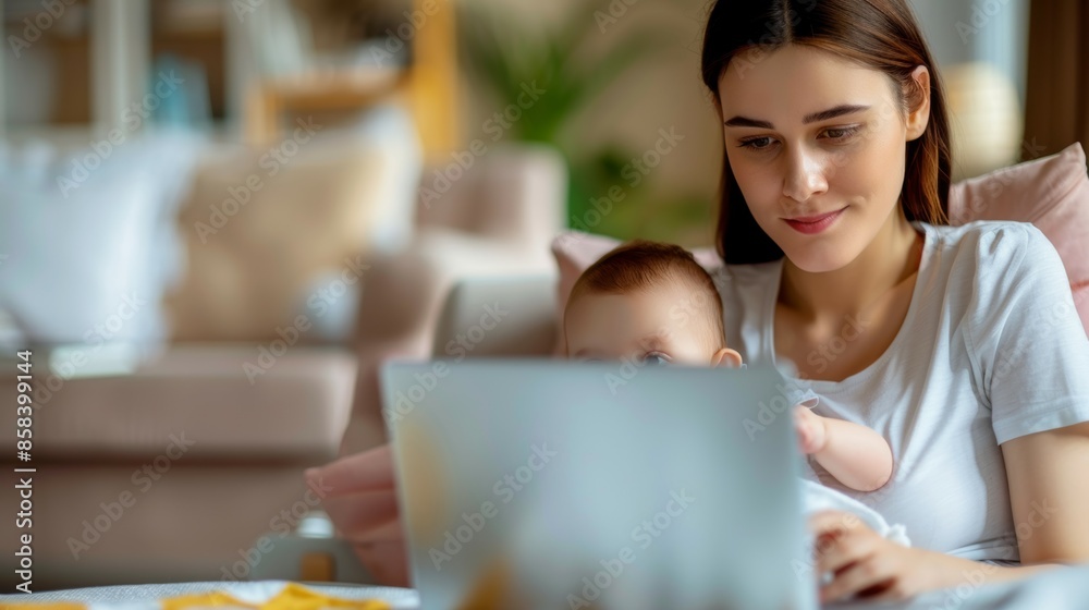 A woman is holding a baby and looking at a laptop, female parent works at home A woman is holding a baby and looking at a laptop, female parent works at home