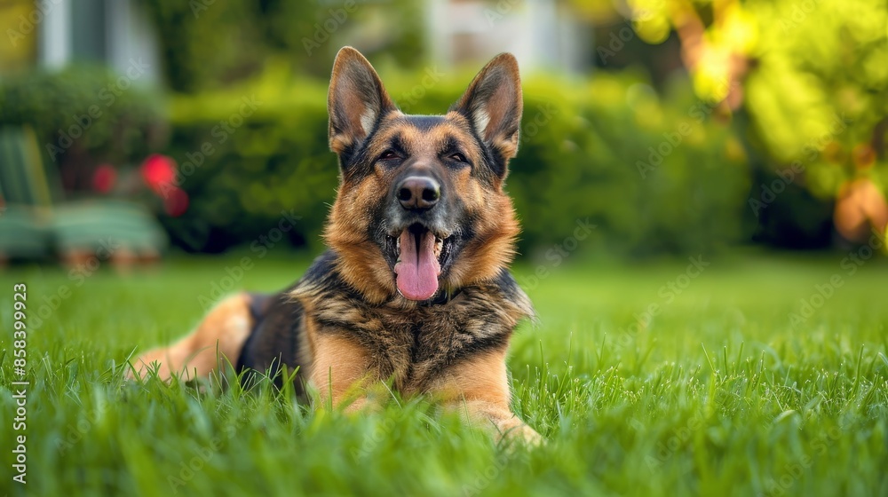 An open-mouthed German Shepherd relaxes on lush greenery outside a residence. An open-mouthed German Shepherd relaxes on lush greenery outside a residence.