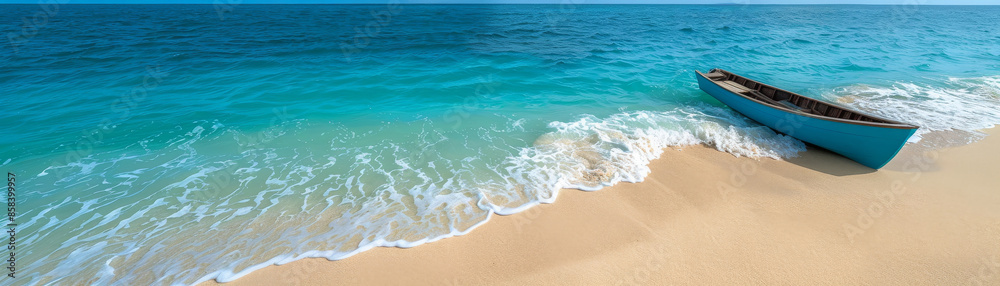 Small boat on the sandy beach with turquoise ocean water in the background. Small boat on the sandy beach with turquoise ocean water in the background.