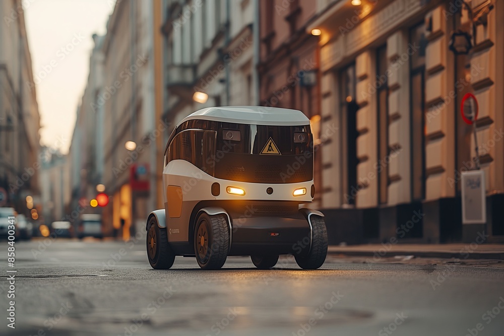 Obraz premium A modern autonomous delivery vehicle navigates through an urban street with buildings and soft lighting
