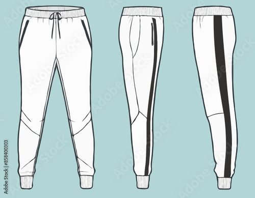 Ski sweat Jogger bottom shell Pants design flat sketch vector illustration, Track pants concept with front and back view, Sweatpants for running, jogging, fitness, and active wear pants design