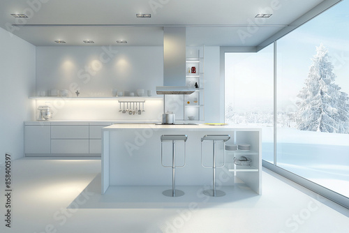 modern kitchen interior, Luxury interior design of a modern trendy snow white kitchen in minimalistic style, featuring an island with two bar stools, huge floor-to-ceiling windows, and a glass rack fo