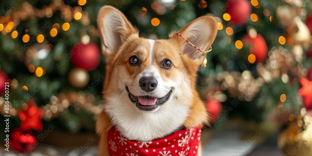 An adorable corgi dog wearing a red bandana composed for photo shoot with a Christmas tree in the background illuminated by festive lights and decorations. An adorable corgi dog wearing a red bandana composed for photo shoot with a Christmas tree in the background illuminated by festive lights and decorations.