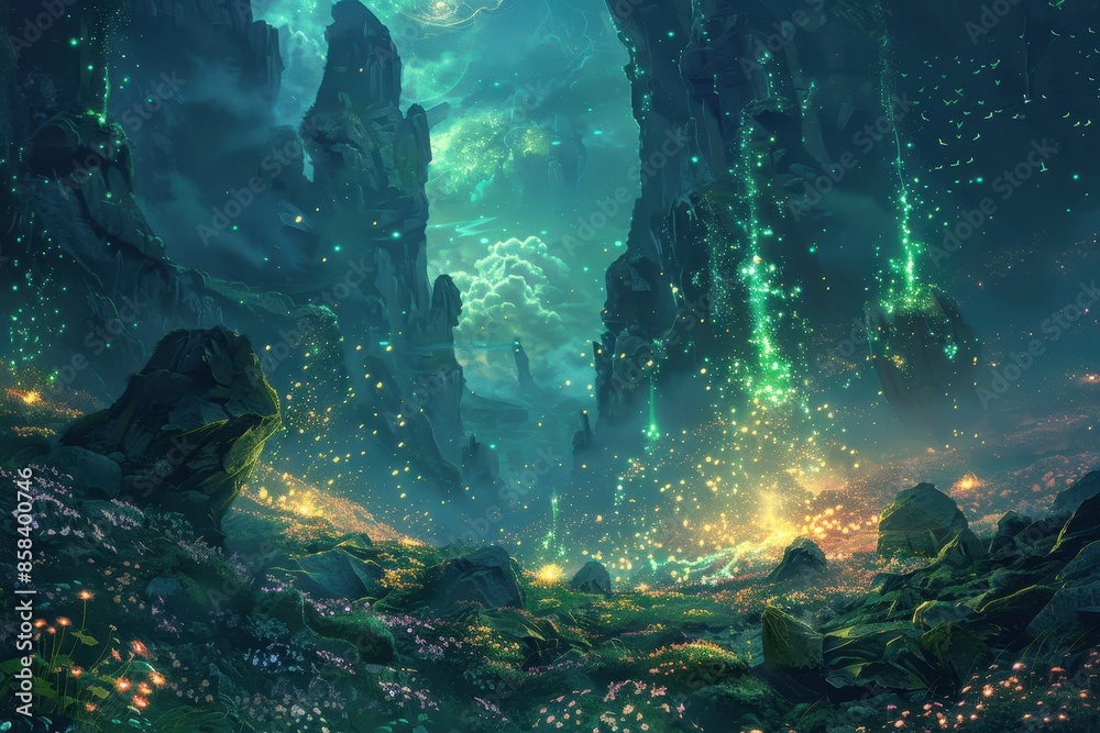 Obraz premium Enchanted Mountain Valley with Glowing Lights