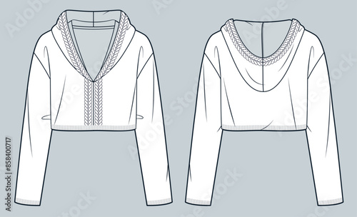 Hooded Sweater technical fashion illustration. Jumper fashion flat technical drawing template, pigtails, v neck, cropped, front and back view, white, women, men, unisex Top CAD mockup.
