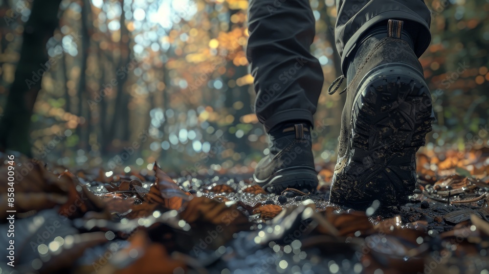 Close-up shot of speed-hiking shoes worn by a lone hiker trekking through a forested area. Close-up shot of speed-hiking shoes worn by a lone hiker trekking through a forested area.