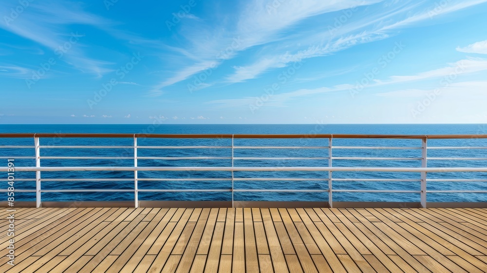 Naklejka premium Cruise ship deck and railing image showcasing ocean views with ample copy space for customization.