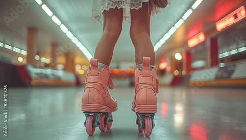 A person wearing a white dress and pink roller skates skateboarding in an empty subway platform at night, creating a sense of motion photo