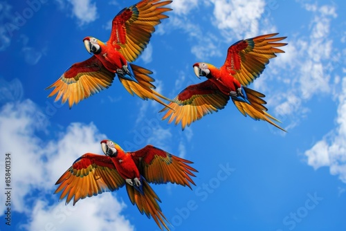 Colorful birds soaring through the air, perfect for tropical or travel themes photo