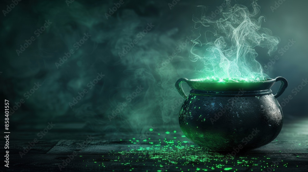 A glowing green potion bubbles in a cauldron with smoke rising on a dark wooden surface A glowing green potion bubbles in a cauldron with smoke rising on a dark wooden surface