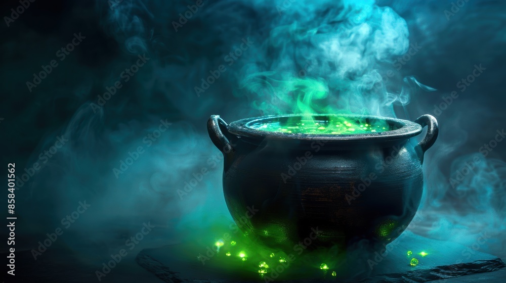 Glowing green potion in a cauldron with smoke Glowing green potion in a cauldron with smoke