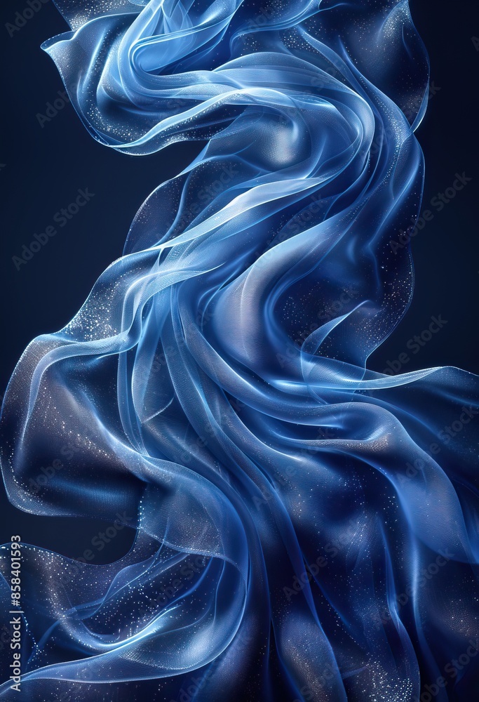Elegant abstract blue silk waves gracefully flowing against a dark background, creating a dynamic and ethereal visual effect.