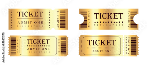 Abstract golden tickets templates on white background. Festival, cinema, theater, concert, casino, circus, event Golden tickets with barcode, front view. Vector illustration