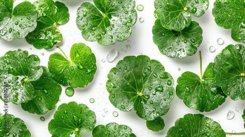 Fresh green centella asiatica leaves with dew drops photo