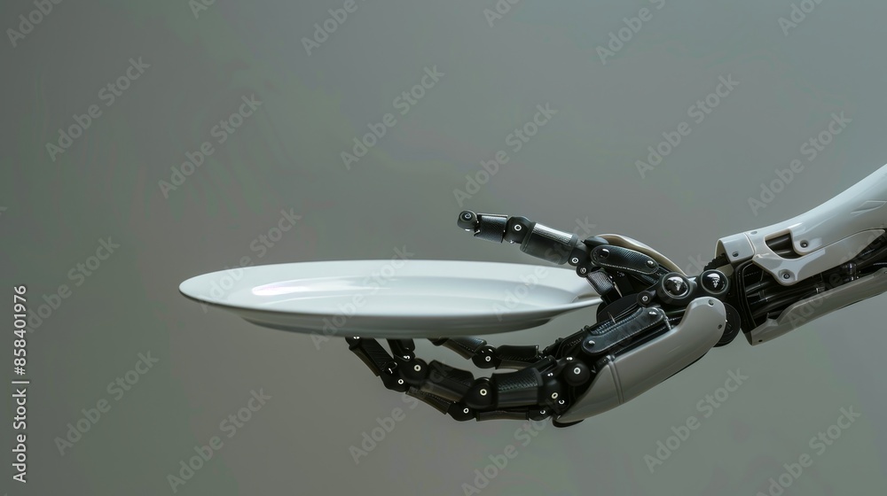 Empty plate held by robot hand, grey background illustration. Empty plate held by robot hand, grey background illustration.