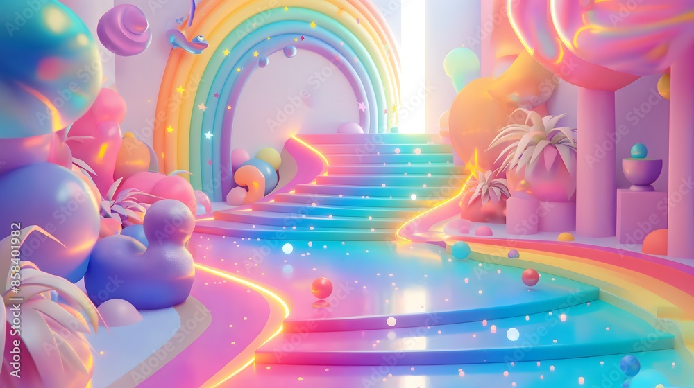 Obraz premium 1. **Prompt 1:** Create a charming 3D illustration of a whimsical journey through an enchanting rainbow splash. Set against a cute and colorful abstract background, the scene should immerse viewers