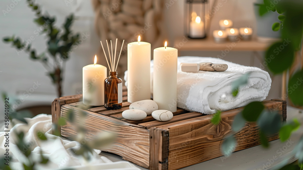 Spa accessory composition set in day spa hotel, beauty wellness centre. Spa product are placed in luxury spa resort room, ready for massage therapy from professional service Spa accessory composition set in day spa hotel, beauty wellness centre. Spa product are placed in luxury spa resort room, ready for massage therapy from professional service