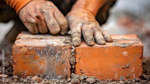 A close-up image of a bricklayer's hands carefully positioning bricks on a building site, against a clean background suitable for highlighting construction industry expertise