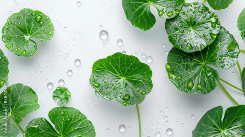 Close-up of centella asiatica leaves with raindrops photo