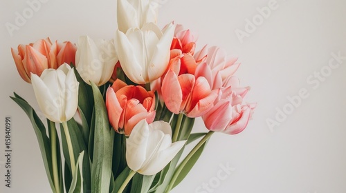 Wallpaper Mural Bouquet of tulips in pink white and salmon colors on a white backdrop Celebrating holidays and women Torontodigital.ca