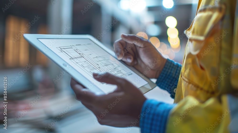 A close-up image of a construction worker's hands holding a tablet with building schematics, with space around for adding text or graphics related to digital project management A close-up image of a construction worker's hands holding a tablet with building schematics, with space around for adding text or graphics related to digital project management