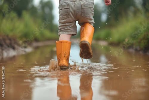A child is captured from behind running down a muddy path, wearing bright orange boots, showcasing an adventurous spirit and a sense of freedom in a natural environment. © gearstd
