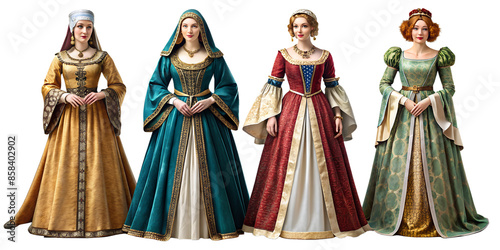 Collection set of 4 medieval ladies in chic dresses Isolated on a transparent background. © SunnyCat