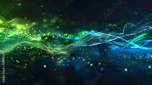Futuristic energy transition concept with glowing green and blue light connection on gradient background.