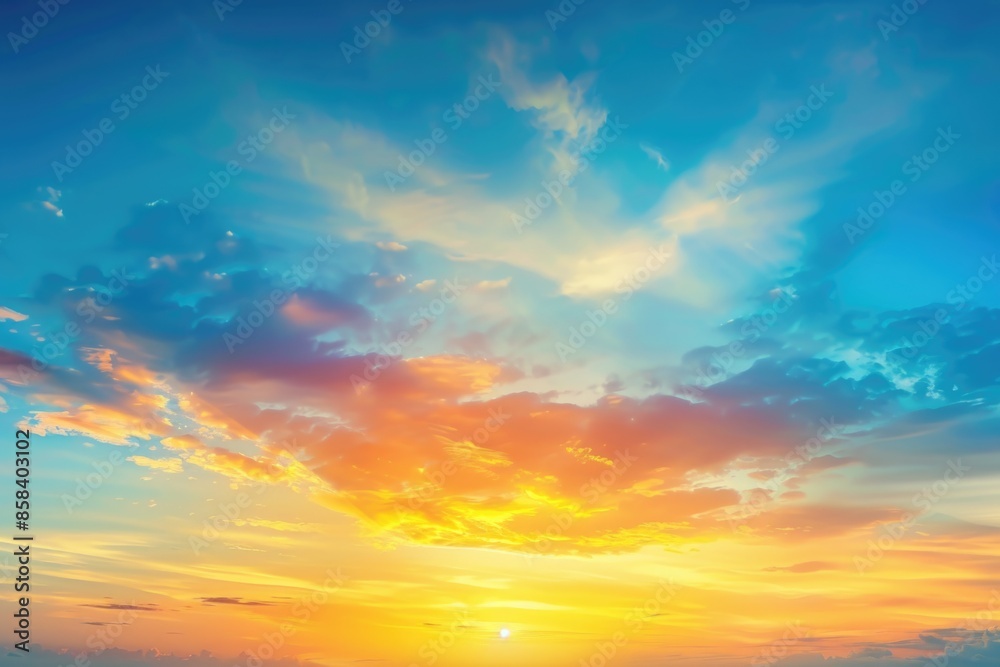Image of a beautiful sunset over the ocean horizon with warm colors and gentle waves Image of a beautiful sunset over the ocean horizon with warm colors and gentle waves