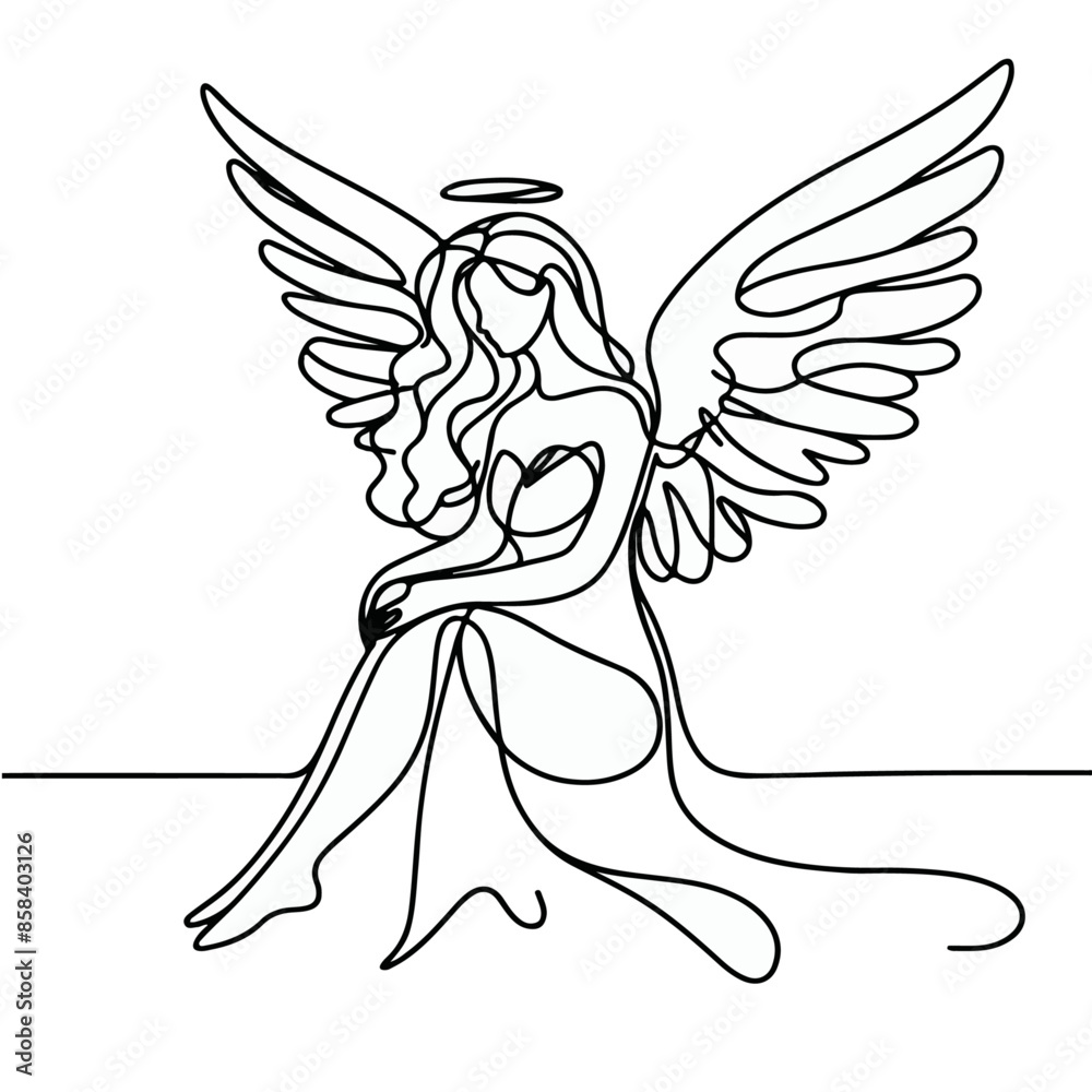 line art drawing of woman angel with wings, line art of an ange line art drawing of woman angel with wings, line art of an ange