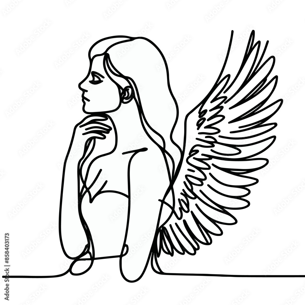 line art drawing of woman angel with wings, line art of an ange line art drawing of woman angel with wings, line art of an ange