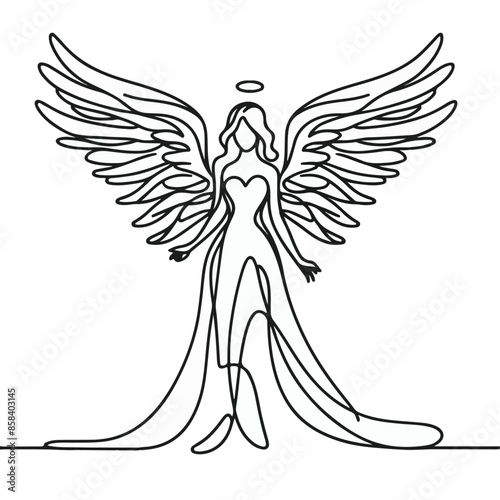 line art drawing of woman angel with wings, line art of an ange