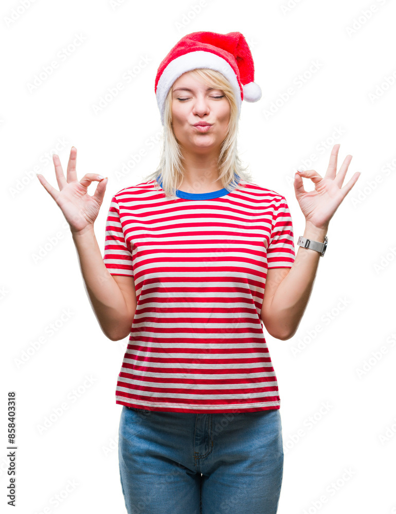 Young beautiful blonde woman wearing christmas hat over isolated background relax and smiling with eyes closed doing meditation gesture with fingers. Yoga concept. Young beautiful blonde woman wearing christmas hat over isolated background relax and smiling with eyes closed doing meditation gesture with fingers. Yoga concept.