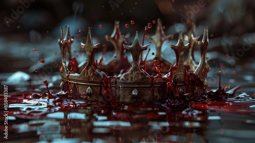 A crown with bloodstained surface submerged in water, potentially suggesting violence or sacrifice