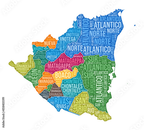 Nicaragua shape. Country word cloud with region division. Nicaragua colored illustration. Region names cloud. Vector illustration.