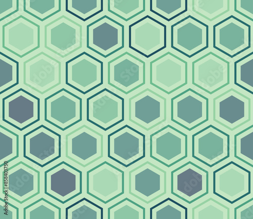 Tileable mosaic background. Hexagon mosaic background with inner solid cells. Large hexagon shapes. Multiple tones color palette. Seamless pattern. Tileable vector illustration.