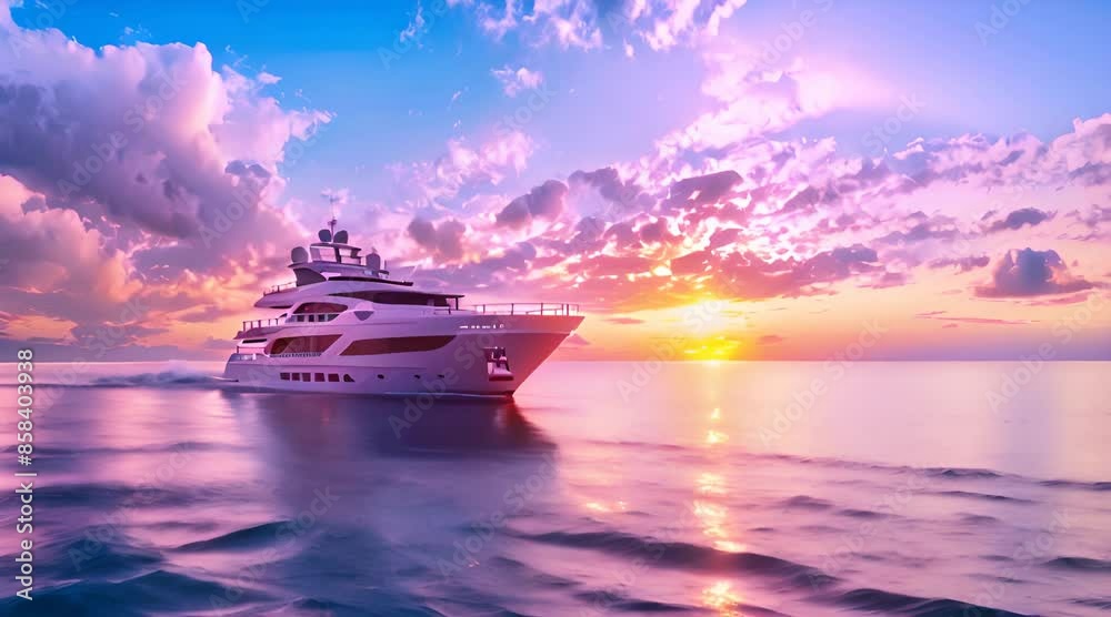 A luxurious yacht cuts through the tranquil, shimmering ocean at sunrise, beneath a radiant sky adorned with splashes of pink and orange clouds A luxurious yacht cuts through the tranquil, shimmering ocean at sunrise, beneath a radiant sky adorned with splashes of pink and orange clouds