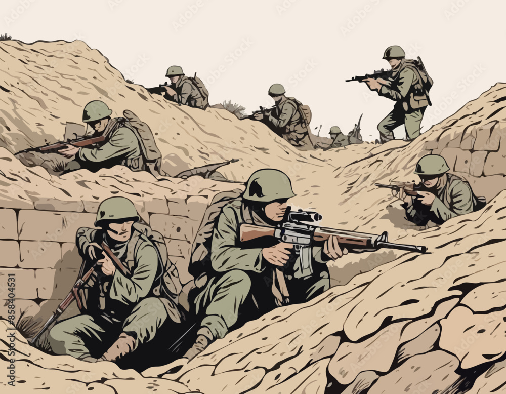 sometric Soldiers in the trench. Trenches, securing positions. Soldiers at war. Sitting With Rifle Weapon In An Ambush In Trench. Special force crew. Military concept for army, soldiers and war sometric Soldiers in the trench. Trenches, securing positions. Soldiers at war. Sitting With Rifle Weapon In An Ambush In Trench. Special force crew. Military concept for army, soldiers and war