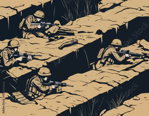 sometric Soldiers in the trench. Trenches, securing positions. Soldiers at war. Sitting With Rifle Weapon In An Ambush In Trench. Special force crew. Military concept for army, soldiers and war