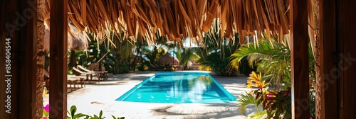 a view from inside a palapa looking at a swimming pool. 