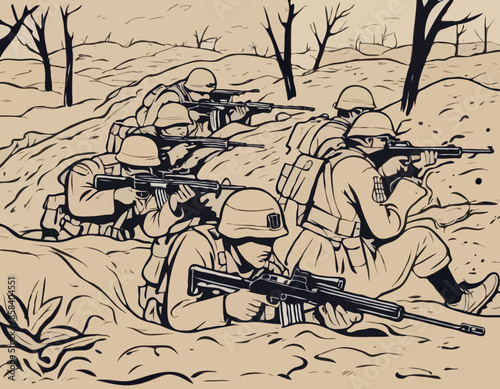 sometric Soldiers in the trench. Trenches, securing positions. Soldiers at war. Sitting With Rifle Weapon In An Ambush In Trench. Special force crew. Military concept for army, soldiers and war