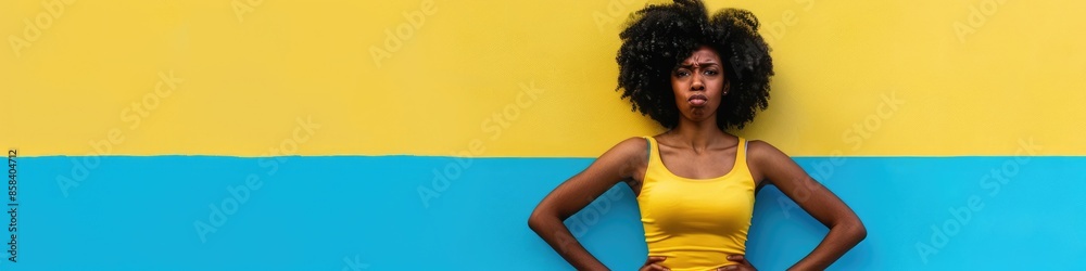 Woman Hands On Hips. Beautiful African American Woman with Displeased Emotion Against Blue Background