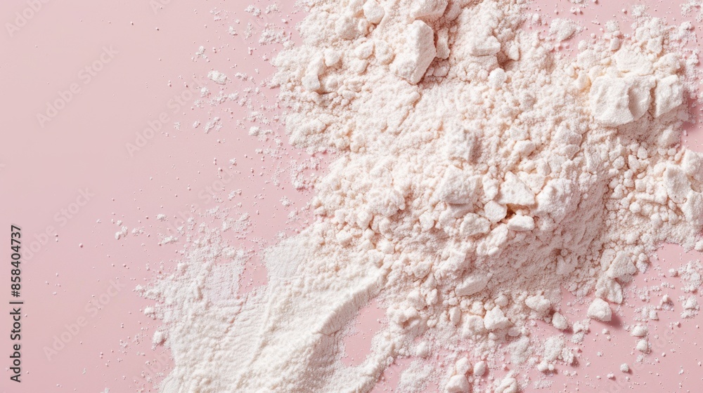 Close-up view of white collagen powder on a pink background Close-up view of white collagen powder on a pink background