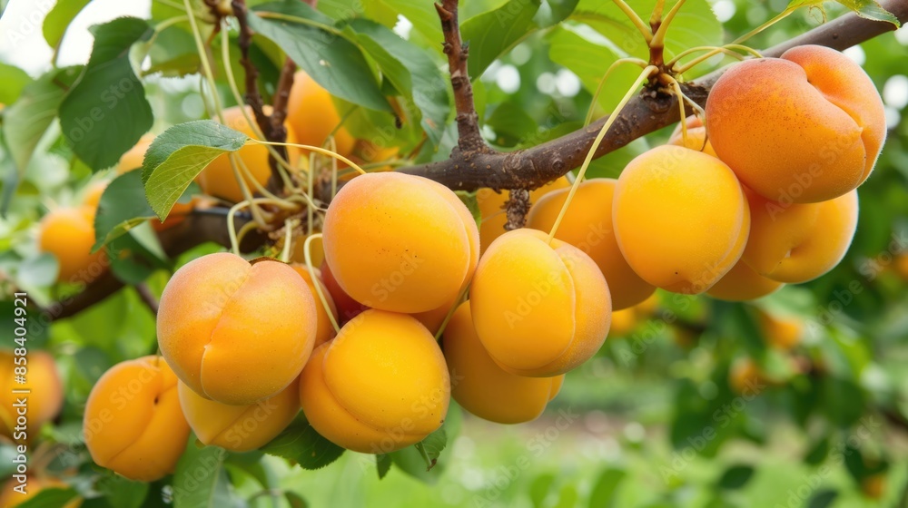 Apricot On Tree. Ripe Organic Apricots Hanging on Green Tree Branch in Nature Apricot On Tree. Ripe Organic Apricots Hanging on Green Tree Branch in Nature