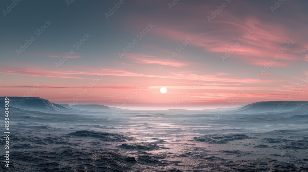 Naklejka premium A beautiful sunset over a vast, empty desert. The sky is filled with pink and orange hues, creating a serene and peaceful atmosphere. The sun is setting, casting a warm glow over the landscape