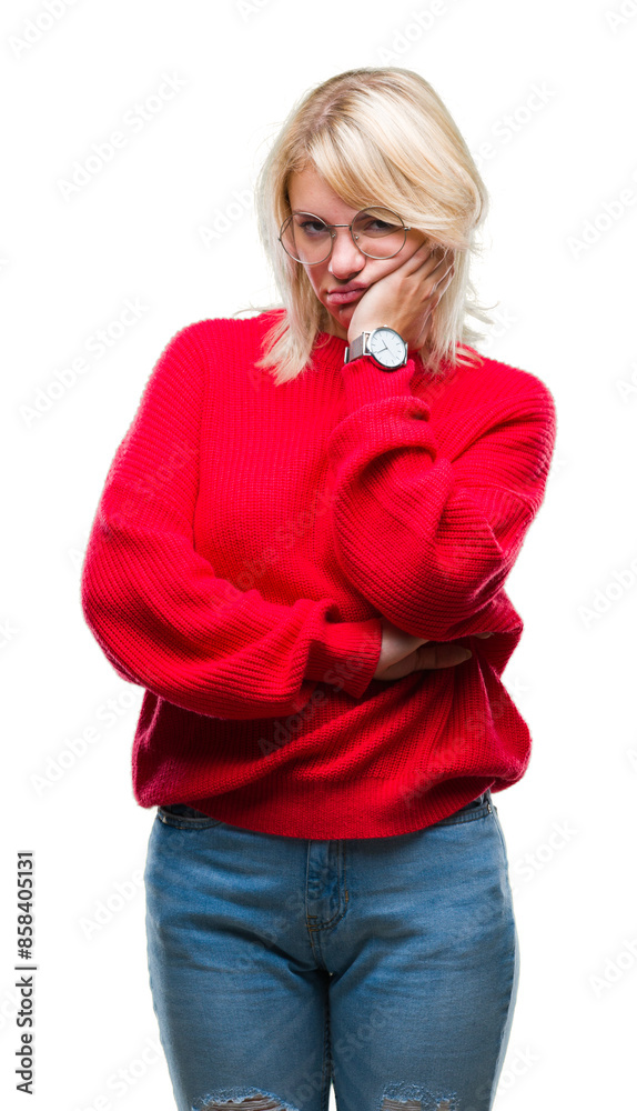 Young beautiful blonde woman wearing sweater and glasses over isolated background thinking looking tired and bored with depression problems with crossed arms. Young beautiful blonde woman wearing sweater and glasses over isolated background thinking looking tired and bored with depression problems with crossed arms.