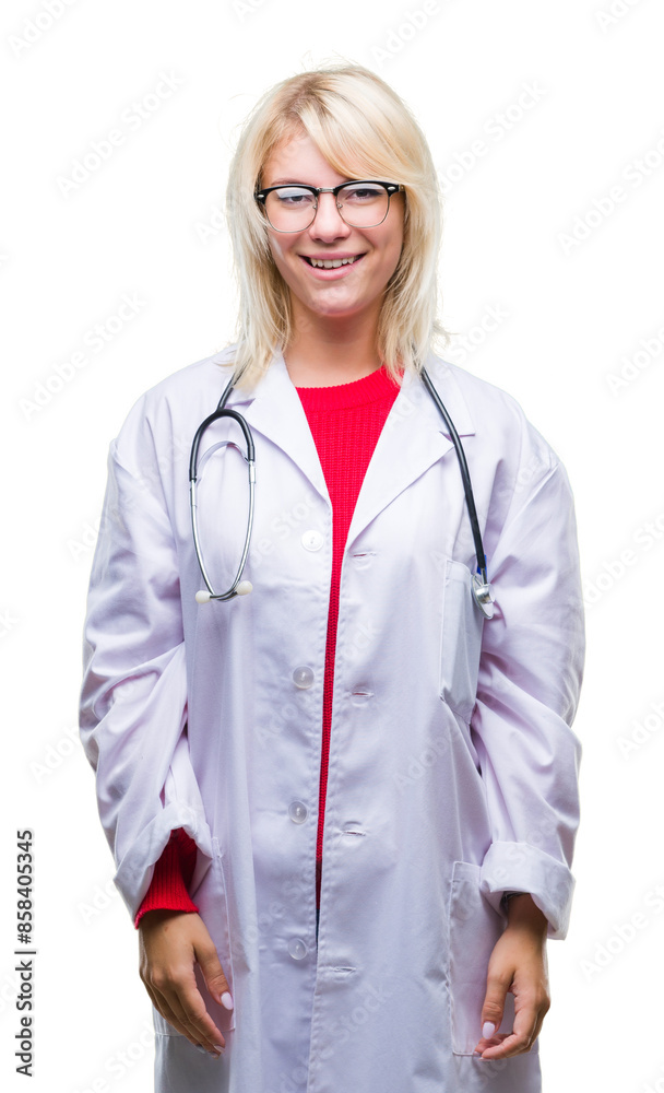 Young beautiful blonde doctor woman wearing medical uniform over isolated background winking looking at the camera with sexy expression, cheerful and happy face. Young beautiful blonde doctor woman wearing medical uniform over isolated background winking looking at the camera with sexy expression, cheerful and happy face.