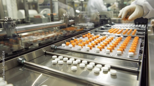Pharmaceutical lab with pill presses and coating machines for drug formulations in progress.