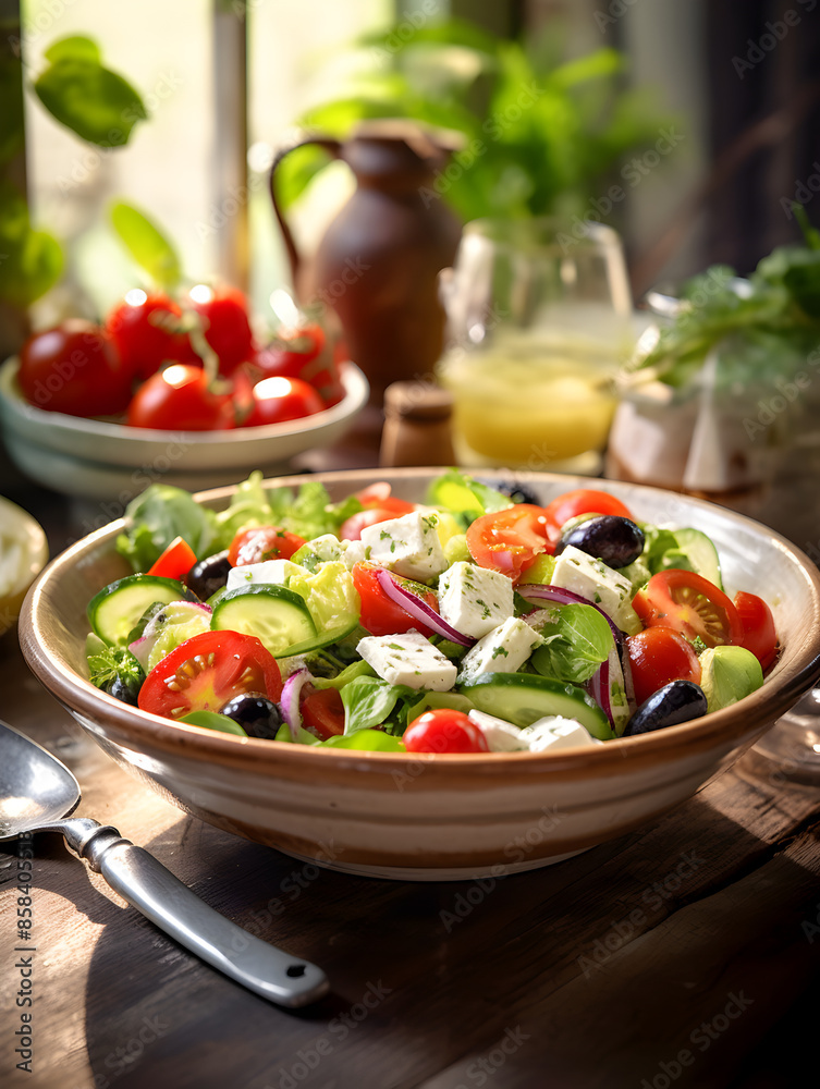 Close up of a fresh salad plate with mixed greens, cherry tomatoes, cucumber, feta cheese and olives Close up of a fresh salad plate with mixed greens, cherry tomatoes, cucumber, feta cheese and olives