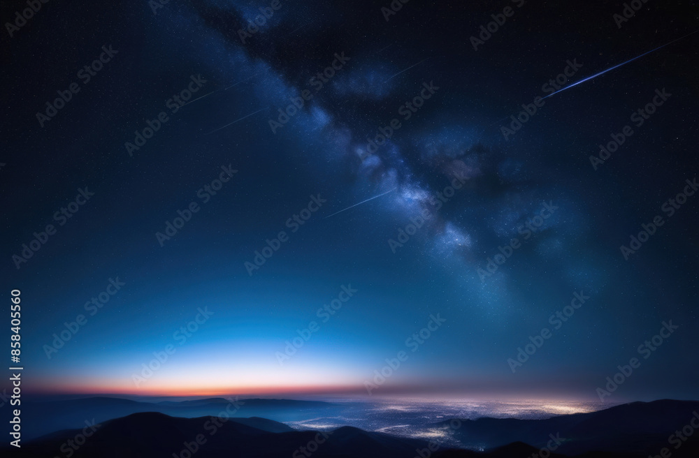 Fototapeta premium Dark blue starry sky with lightening on the horizon. Night landscape